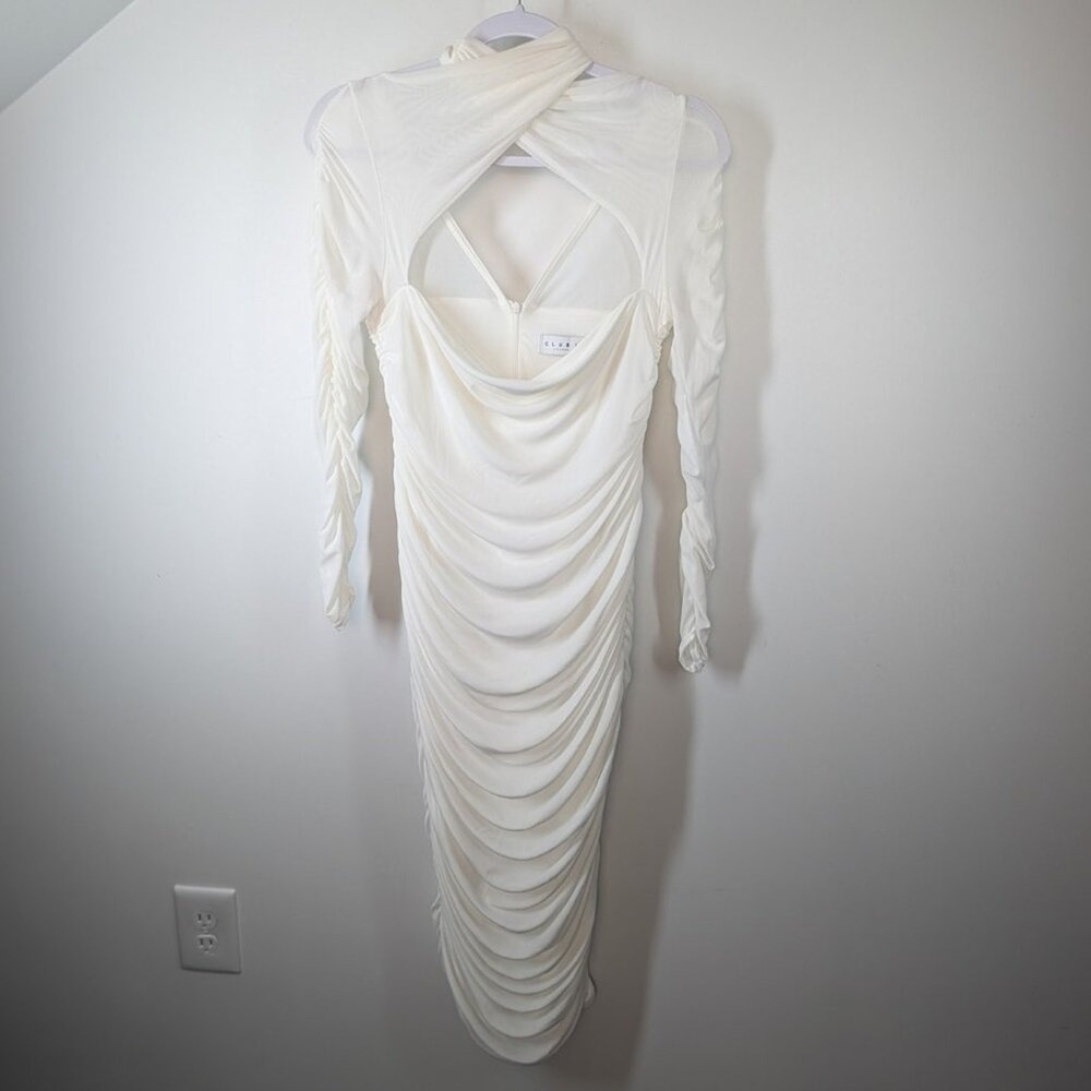 CLUB L‎ LONDON White Mesh Ruched Mock Neck Cutout Long Sleeve Bodycon Dress - Picture 3 of 8
